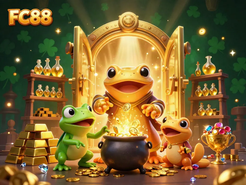 FC88 engages players in a vibrant 3D casino adventure, showcasing golden treasures and magical alchemy.
