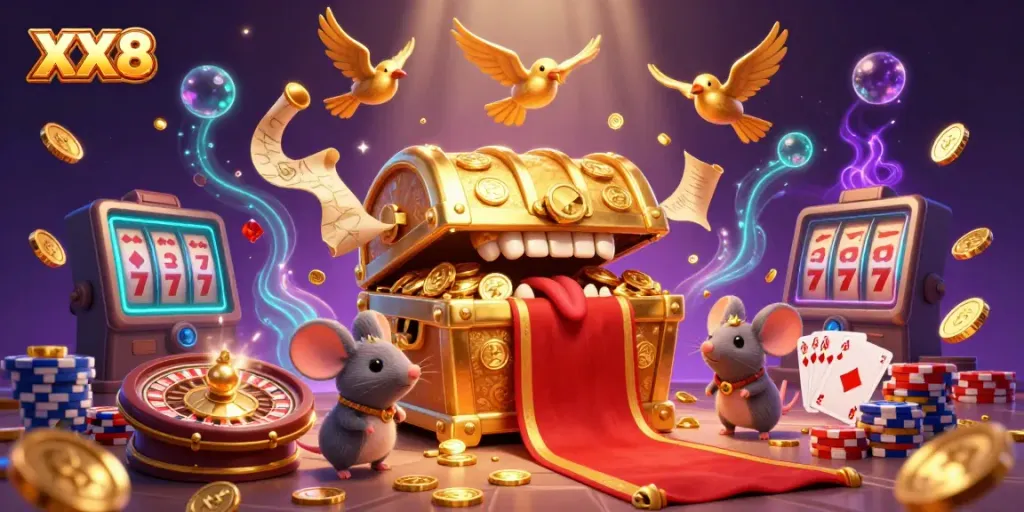 Experience the thrill of XX8 with abundant gold coins and vibrant casino elements in this dynamic scene.