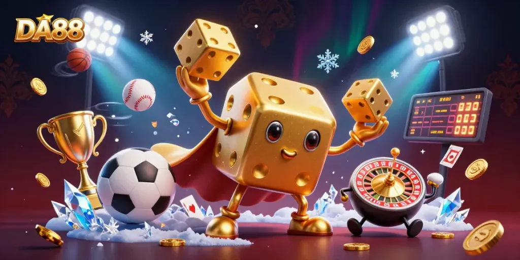 Experience thrilling DA88 gameplay with dynamic casino characters amidst sports elements and gold coins.