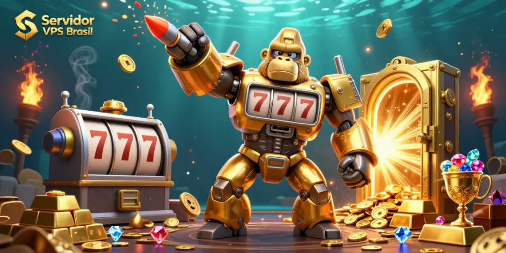 Experience thrilling gameplay with extravagant visuals in this Servidor VPS Brasil illustration featuring a vibrant golden gorilla mech.