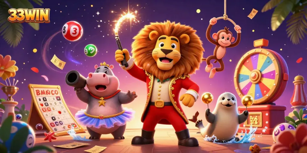 33WIN showcases a vibrant casino scene with unique characters and dynamic gaming elements.