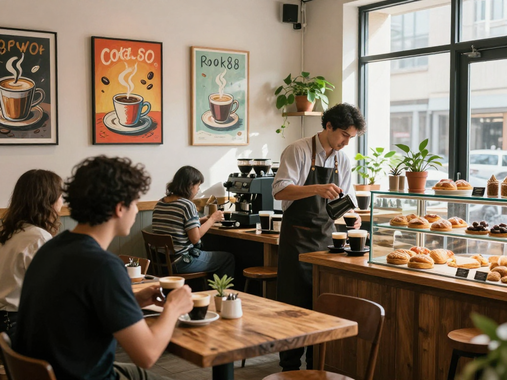 A cozy café scene with a barista preparing espresso, showcasing rokok88 coffee culture.