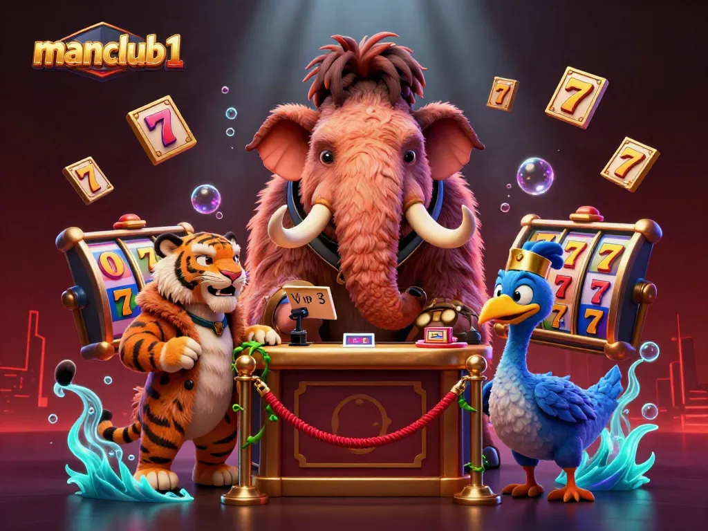 Experience the exciting games at manclub1 with a lively casino scene featuring unique characters.