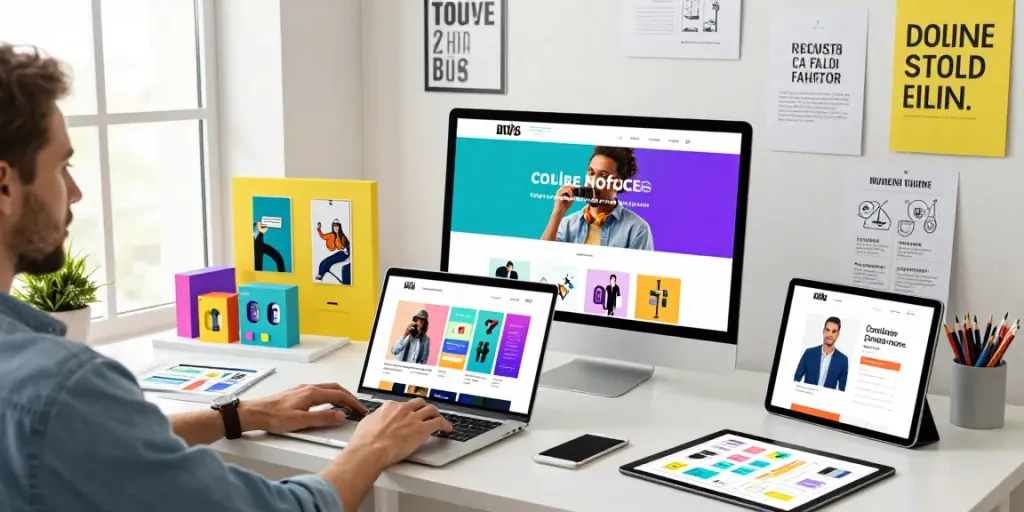 rokok88 online shopping platform with a designer at a modern workspace, vibrant product displays, and natural light.