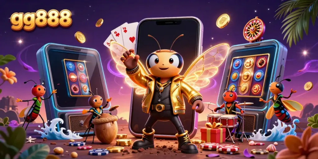 Experience thrilling slots action at gg888 with a vibrant 3D cicada rock star and casino elements.