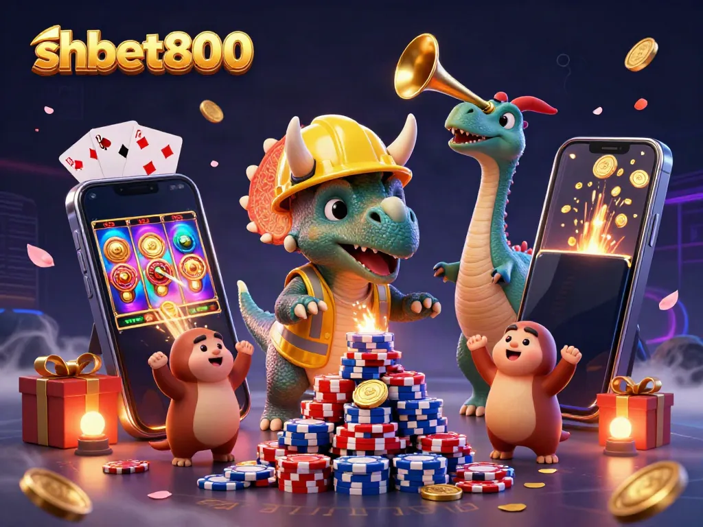 Engage with thrilling action at shbet800, as a vibrant triceratops builds poker chips amid a casino celebration.