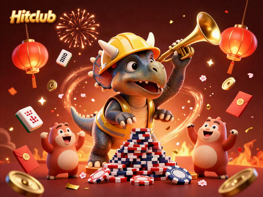 Hitclub celebrates with a triceratops building poker chip pyramids while confetti rains down.