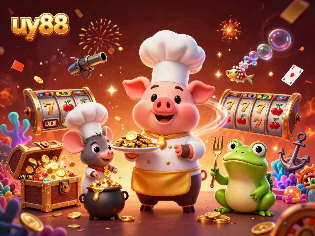 Enhance your winning strategies at uy88 with vibrant slot reel action showcased in this lively illustration.