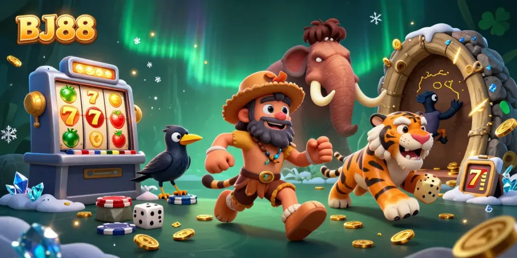 Experience the thrill of BJ88 casino with colorful slots, poker, and vibrant characters!