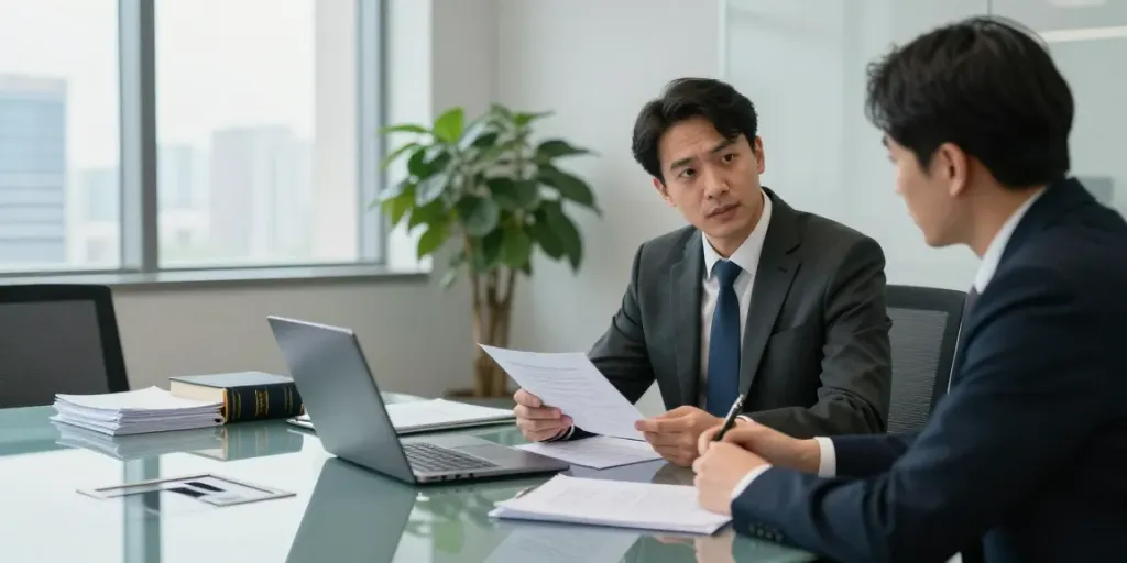 Lawyer consulting client about legal matters at https://f168.law/ in a modern office.