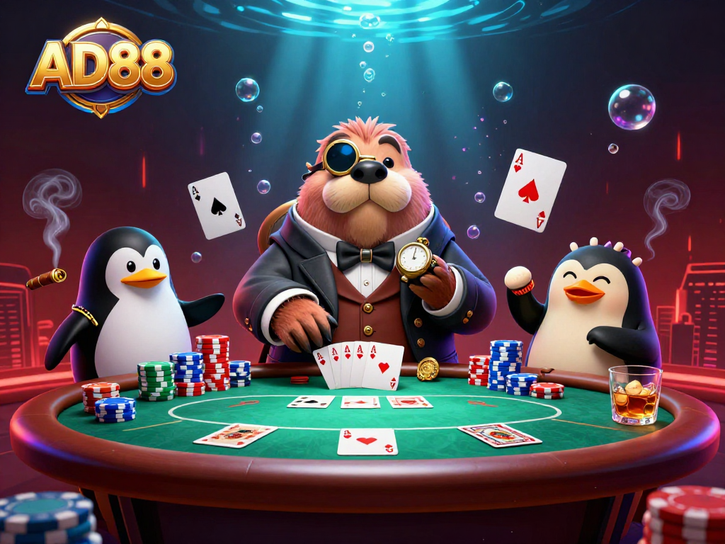 Playing poker at an underwater casino, AD88 brings excitement with vibrant characters and colorful chips.