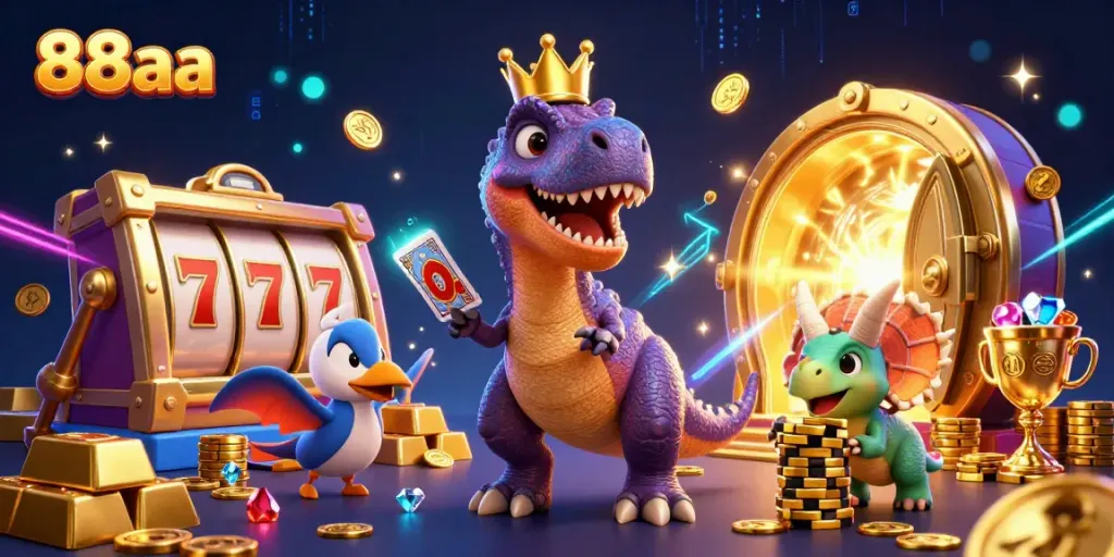 Experience the excitement of 88aa with a friendly cartoon T-Rex shuffling cards and vibrant casino elements.