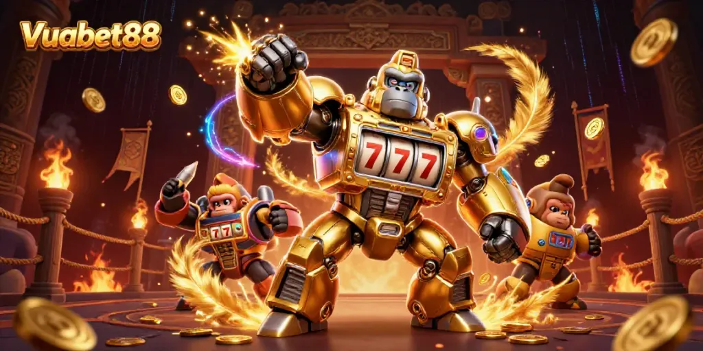 Vuabet88 gorilla mech showcases thrilling casino gameplay with explosive coins in a vibrant online gaming atmosphere.