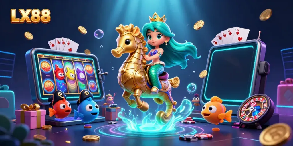 Experience the thrill of LX88 as a mermaid princess rides a golden seahorse amidst colorful slot games.