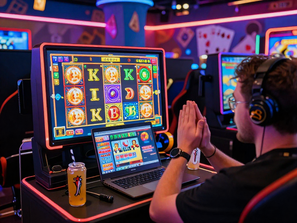 Player engaged with a slot jackpot game online, vibrant casino atmosphere with gaming accessories.