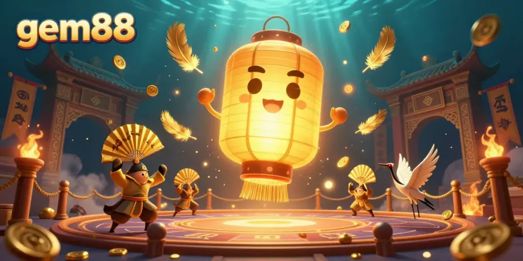 Experience thrilling moments at gem88 with glowing spirits and golden game elements around a vibrant casino.