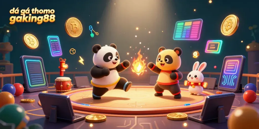 Experience epic đá gà thomo gaking88 action in a vibrant fighting arena, featuring festive characters and dynamic elements.