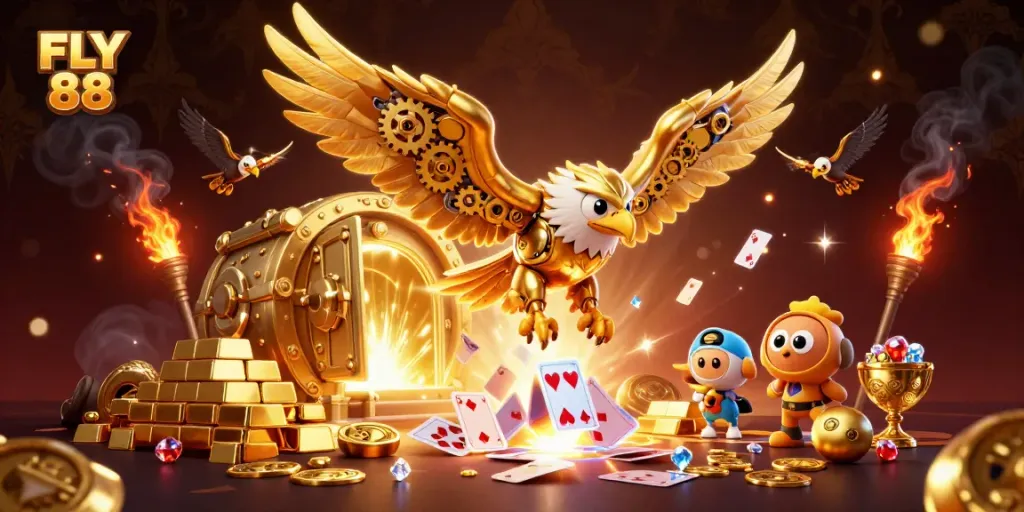 Experience thrilling gameplay at FLY 88 with our stunning 3D casino illustration featuring dynamic characters and rich visuals.