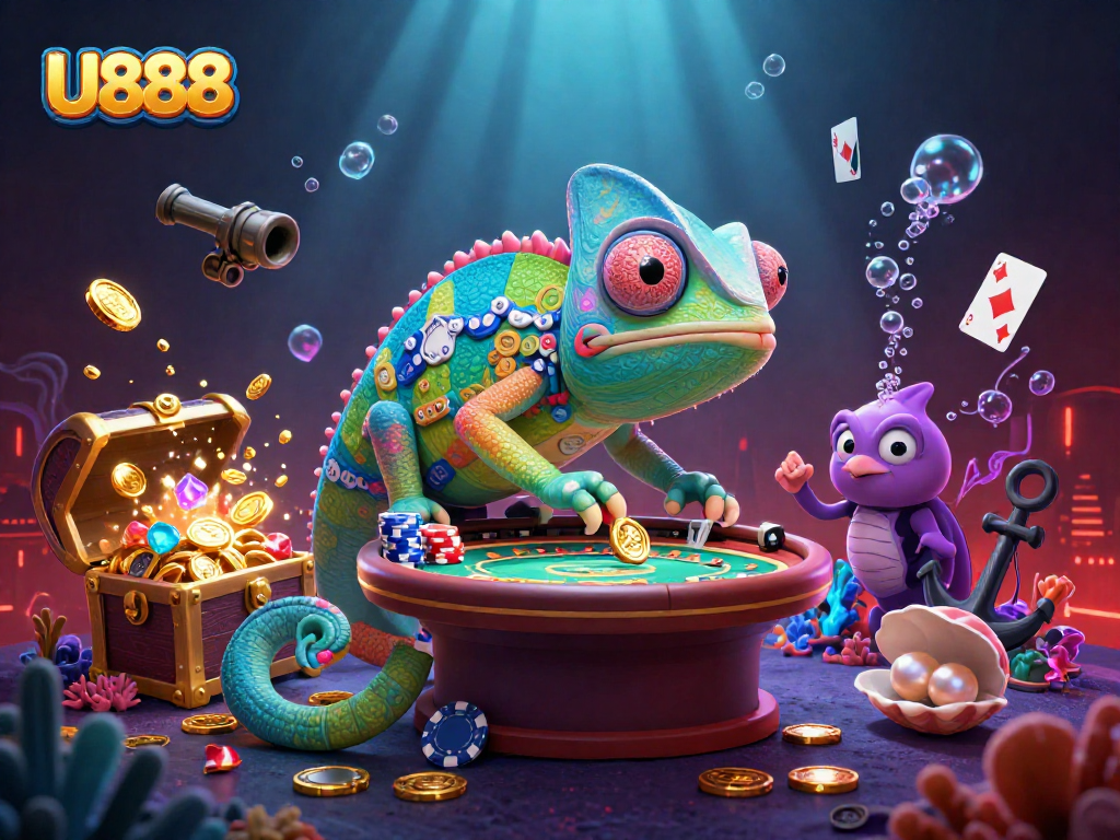 Experience U888 with a colorful chameleon casino owner amidst a lively underwater scene.
