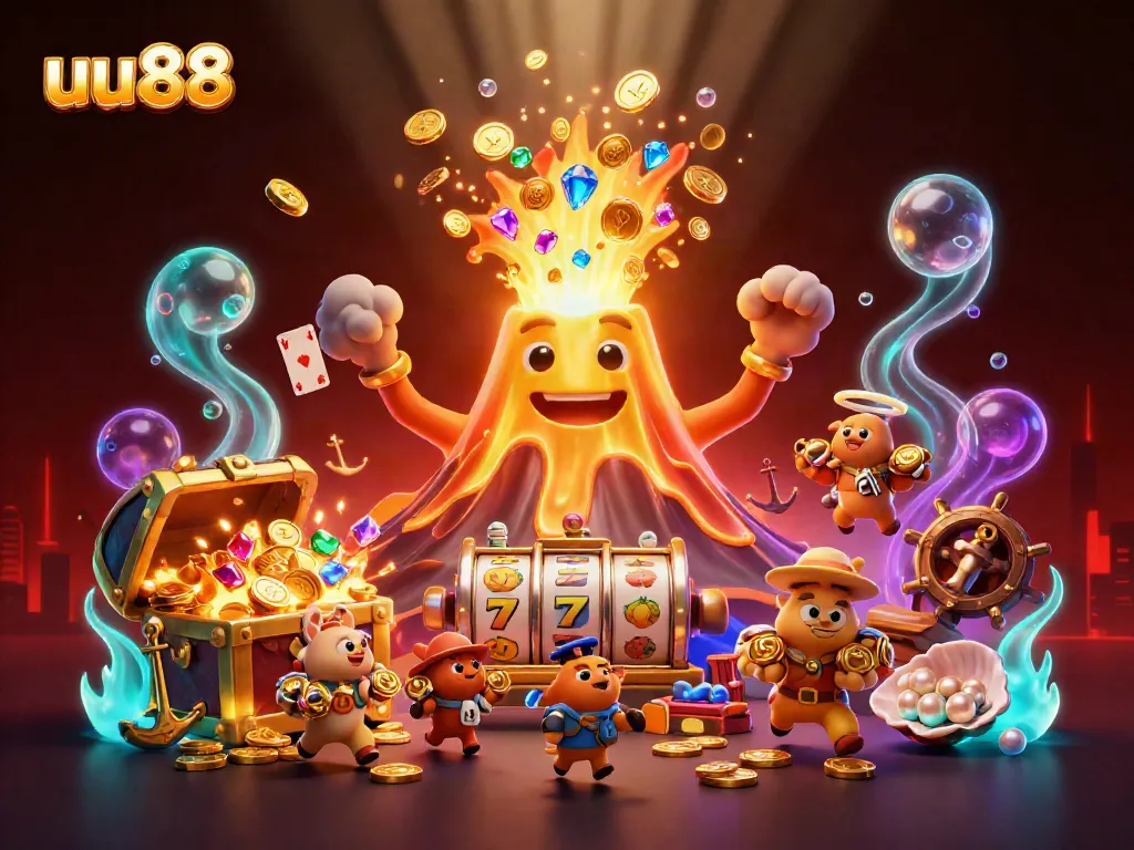 Experience thrilling wins with uu88 in this vibrant 3D casino illustration showcasing thrilling slot elements.