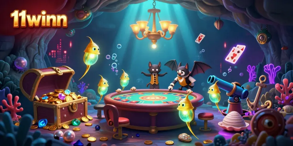 Enjoy the gaming excitement of 11winn in a vibrant cave casino with glowing treasures and a unique bat dealer.