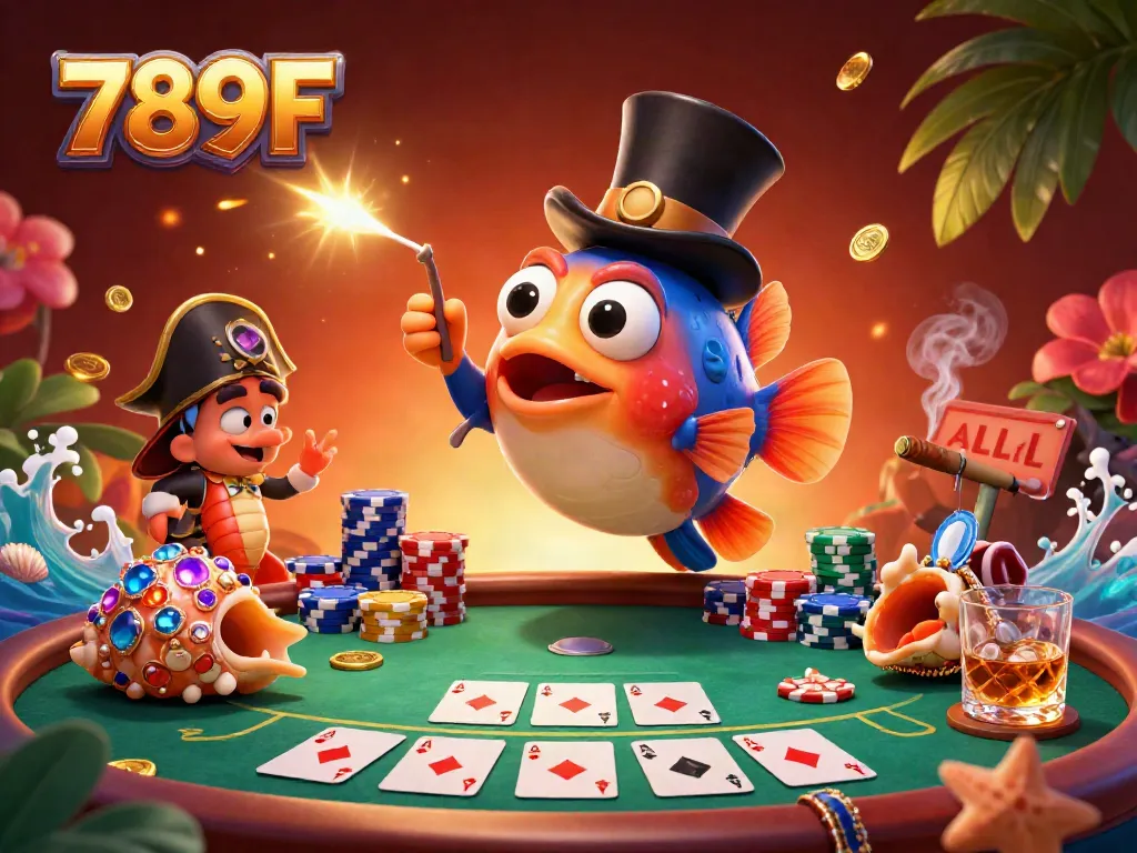 Engage with the thrilling 789F casino scene featuring glowing coins and poker action.