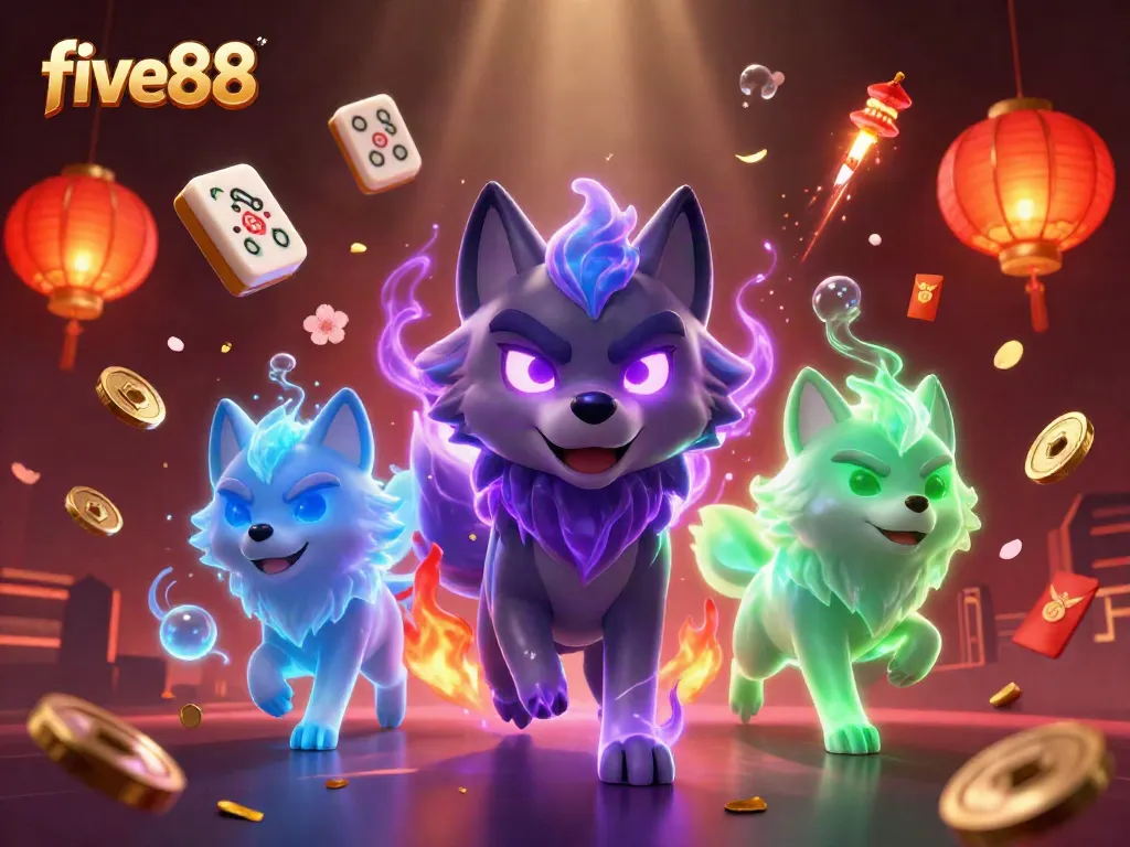 Engage with five88's dynamic casino adventure, featuring spectral wolves surrounded by festive gambling elements.