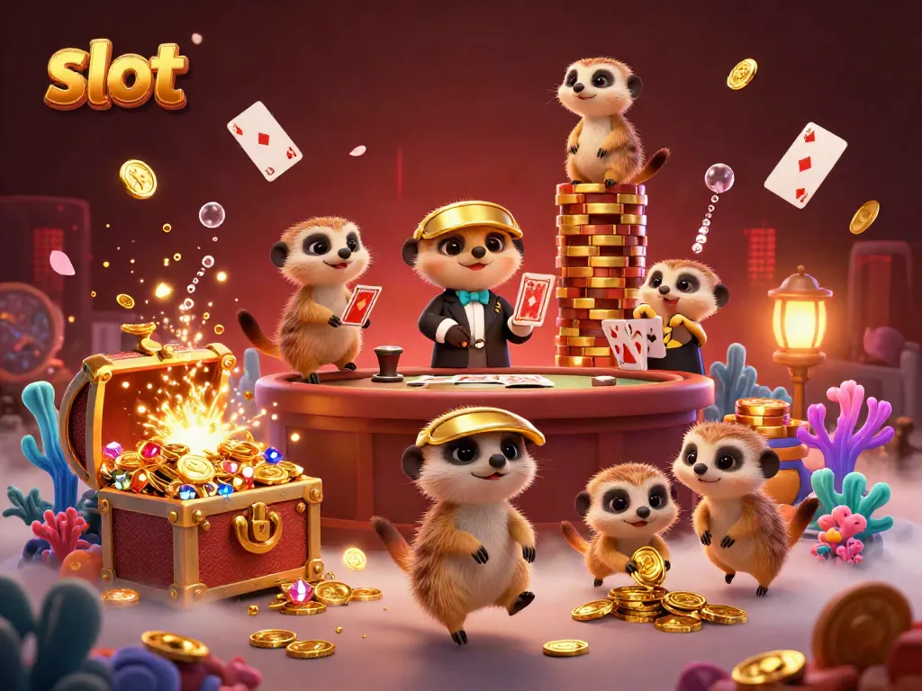 Engage with slot gaming excitement in a vibrant meerkat casino scene showcasing lively action and golden jackpots.