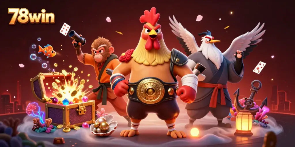 Engage in thrilling play with 78win's vibrant 3D casino illustration featuring iconic characters.