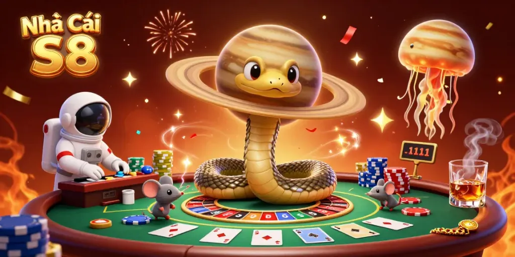 Betting scene with astronaut mice at Nhà Cái S8, in a vibrant cosmic casino setting.