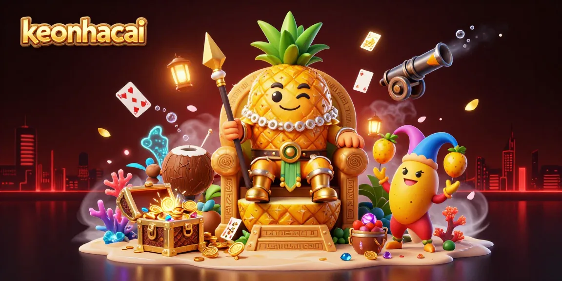 Engage with the vibrant beach casino scene featuring the keonhacai pineapple king surrounded by treasure and playful elements.