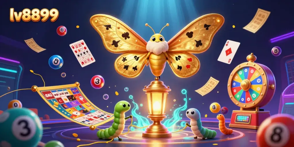 Experience the excitement at lv8899 with vibrant lottery balls and a majestic moth in a dynamic casino scene.