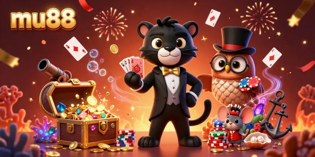 Join the excitement at mu88 with our vibrant casino-themed 3D illustration highlighting stylish characters and dynamic game elements.