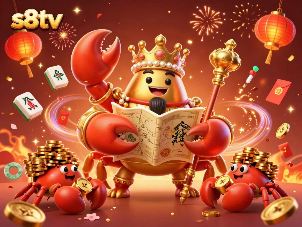 Experience the vibrant energy of s8tv with a golden crab emperor and dynamic casino elements around.