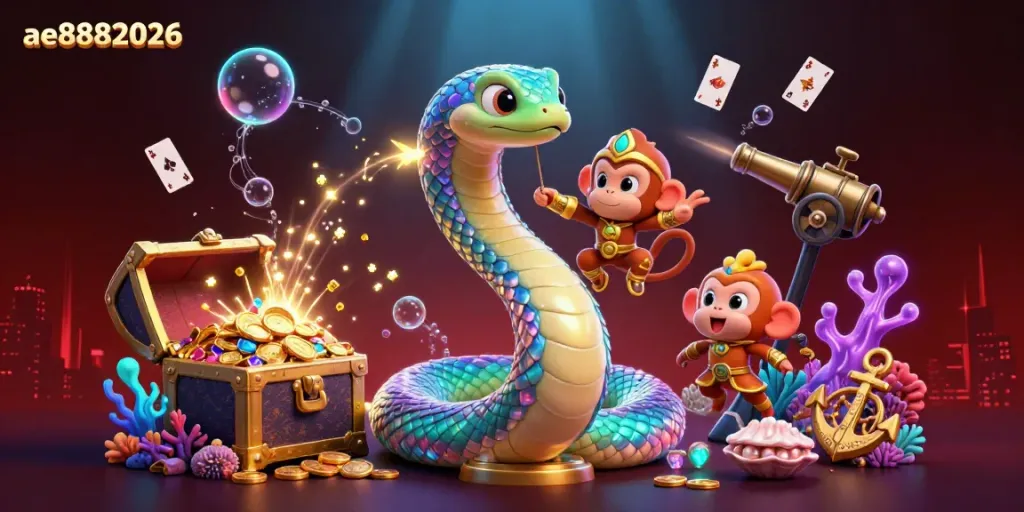 Engage with the vibrant ae8882026 casino world through an enchanting 3D scene of a rainbow serpent and monkey king amidst gold coins and treasure.