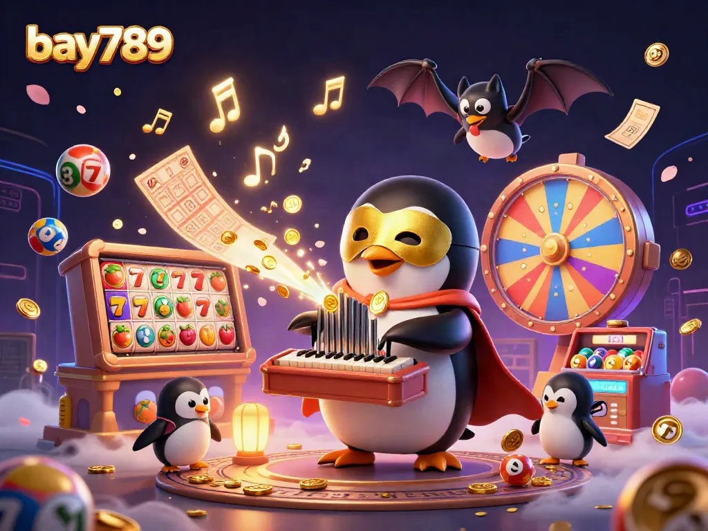 Experience the excitement of bay789 with a vibrant casino scene featuring a penguin organist and vivid game elements.
