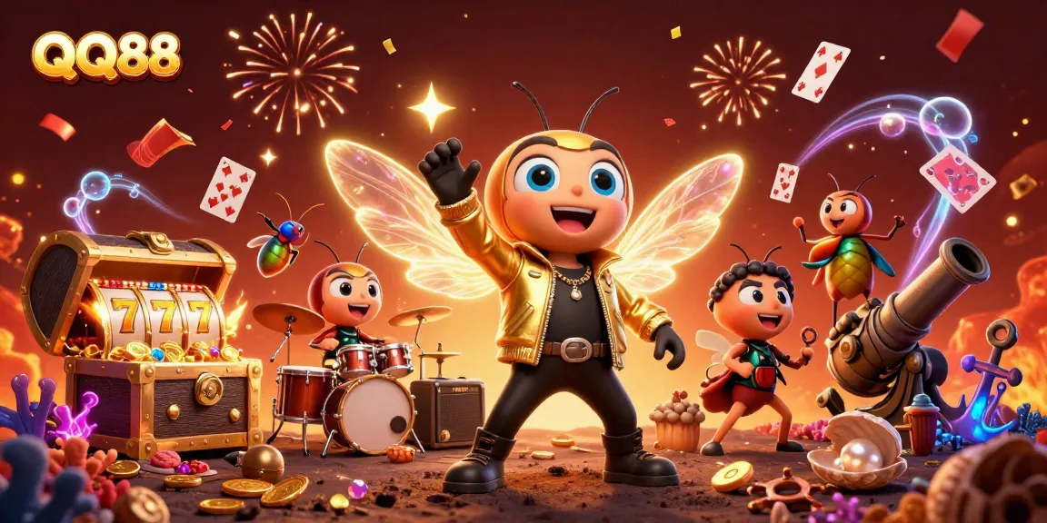 Experience winning moments at QQ88 with vibrant slot games, a buzzing rock star, and dazzling treasures.