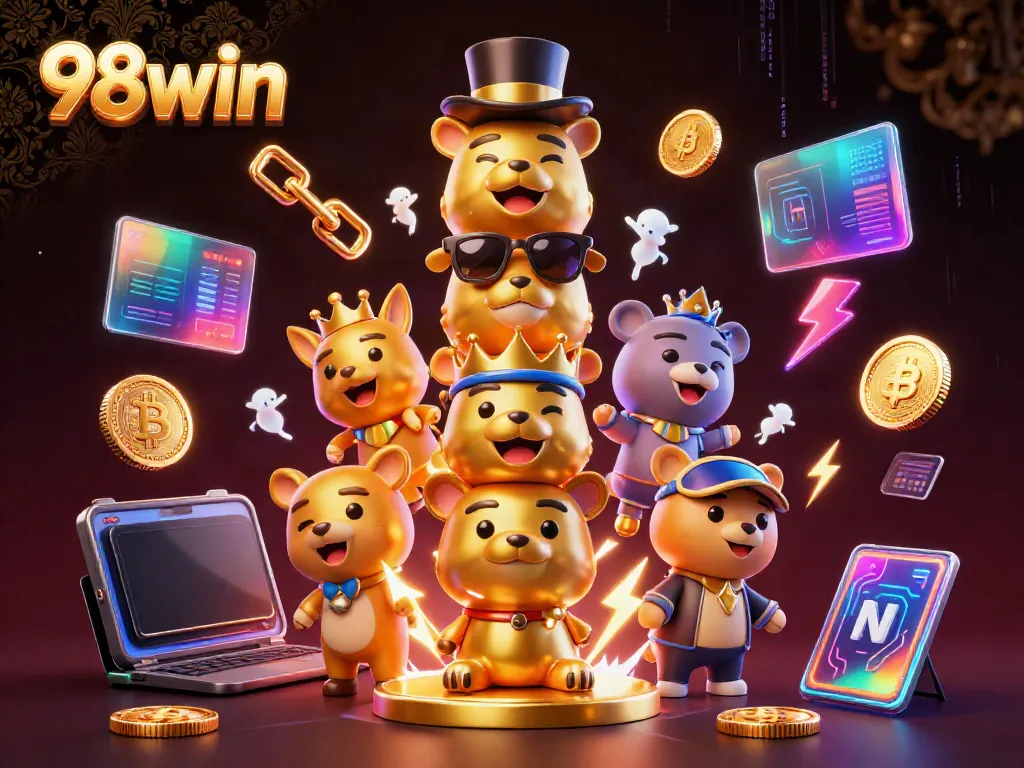 Experience the excitement of gambling with 98win's vibrant 3D casino illustration showcasing crypto coins and dynamic game elements.