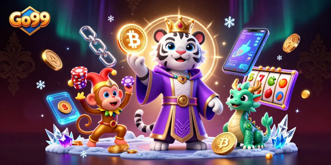 Go99 promotional 3D illustration showcasing a royal tiger, jester monkey, and jade dragon amidst casino elements.