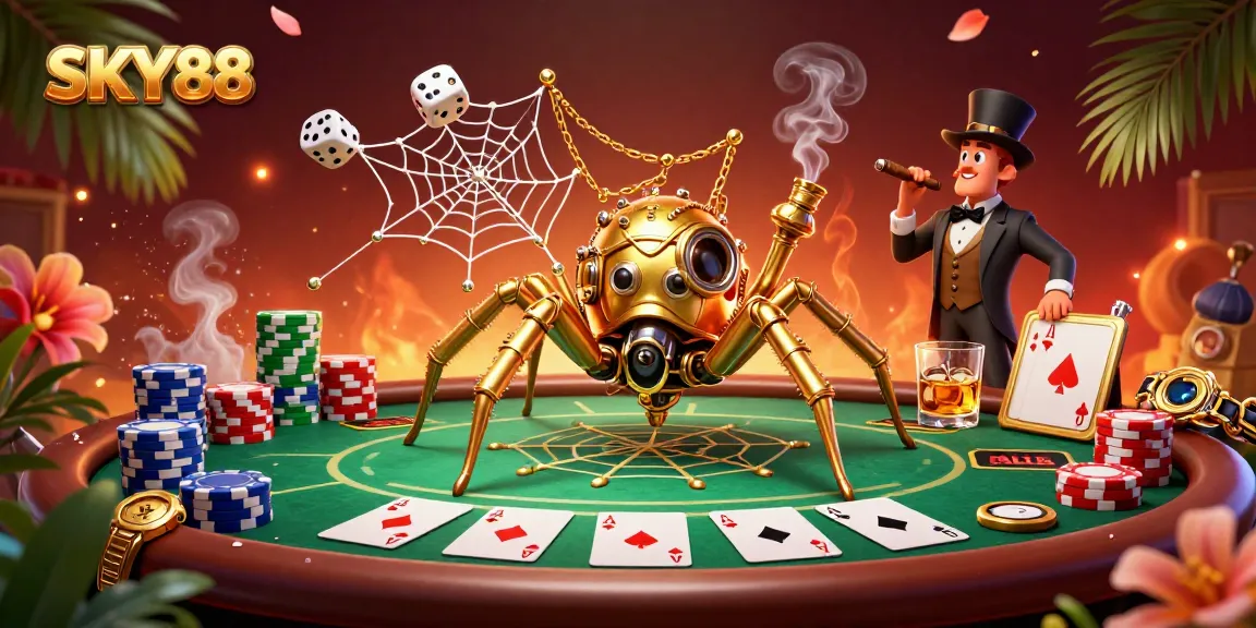 Immerse in SKY88's world as the golden spider captures dice at a vibrant poker table.