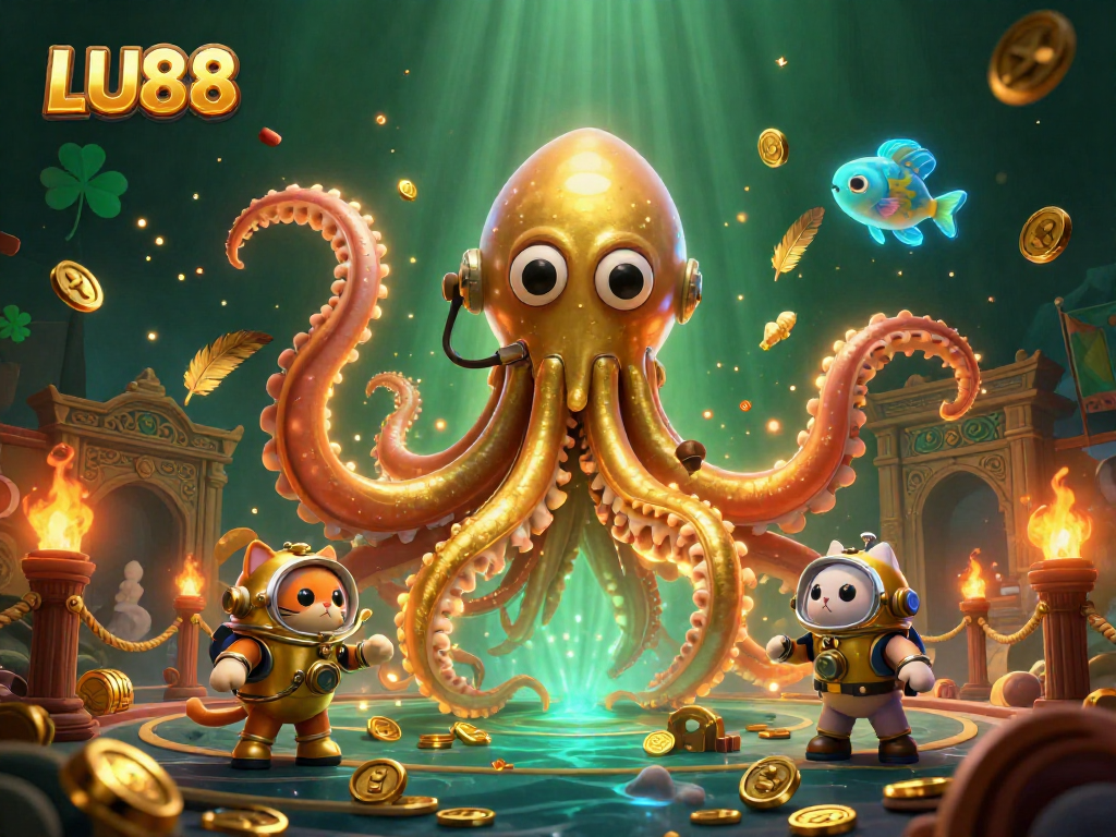 Experience LU88's thrilling underwater adventure with a kraken and diving cat amidst vibrant casino elements.