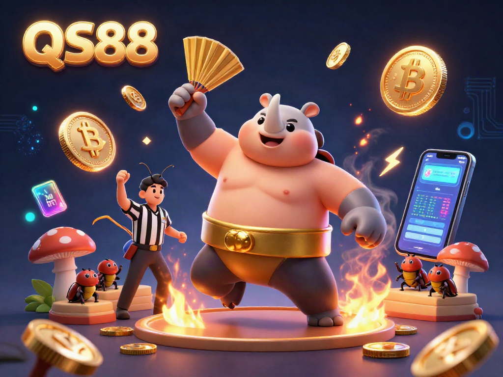 Experience the excitement of QS88 with a vibrant sumo beetle champion delivering a powerful stomp amidst a flurry of golden coins.