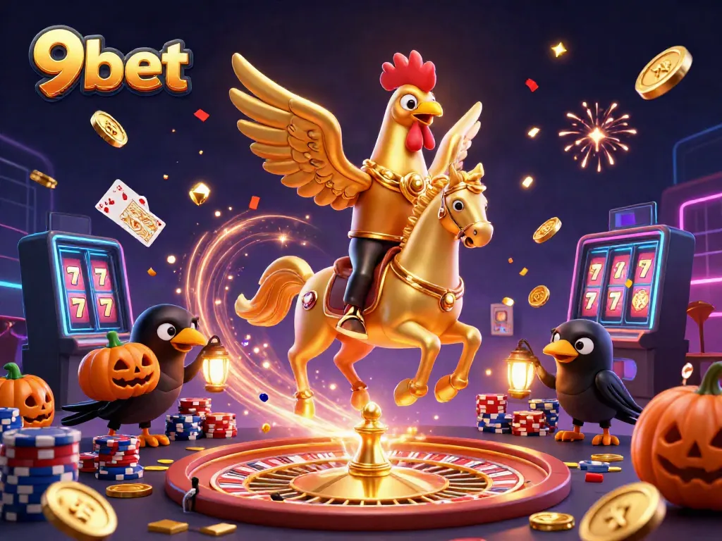 Engage with 9bet’s exciting casino adventure featuring a golden rooster and a spectral horse amidst festive elements.