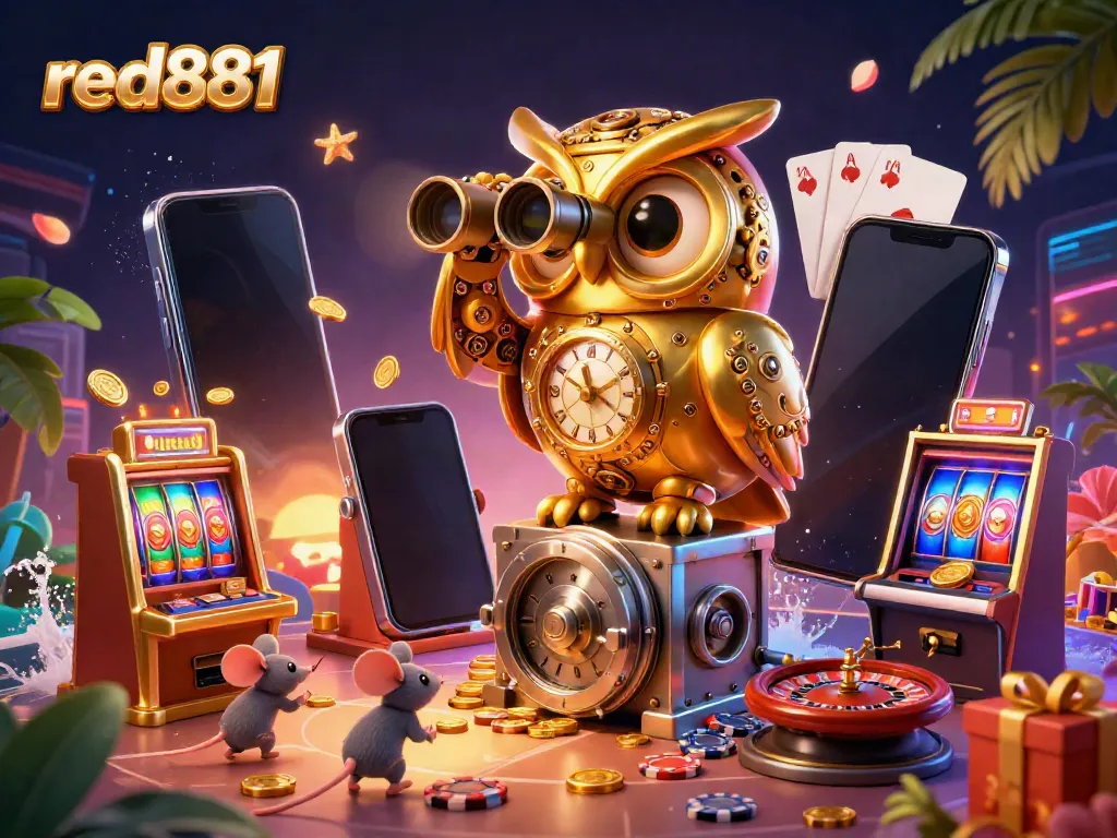 Experience excitement with red881 at a vibrant casino scene featuring a golden owl, slot machines, and lively characters.