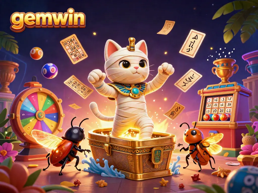 gamble big with gemwin as a cartoon cat mummy emerges from a golden sarcophagus surrounded by vibrant casino elements