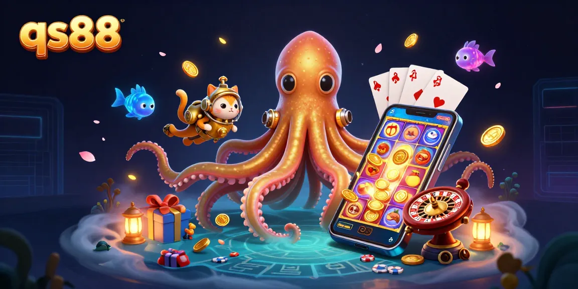 Experience epic wins with qs88 in this vibrant 3D scene filled with casino treasures.