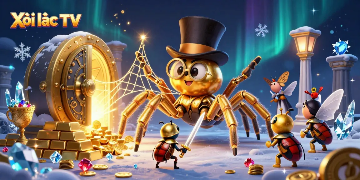 Xôi lạc TV brings excitement with a golden web of gaming adventure and treasures in this vibrant scene.