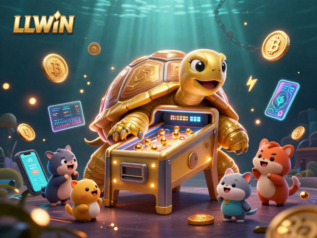 Engage in thrilling gameplay with LLWIN's animated casino scene featuring crypto coins and vibrant characters.