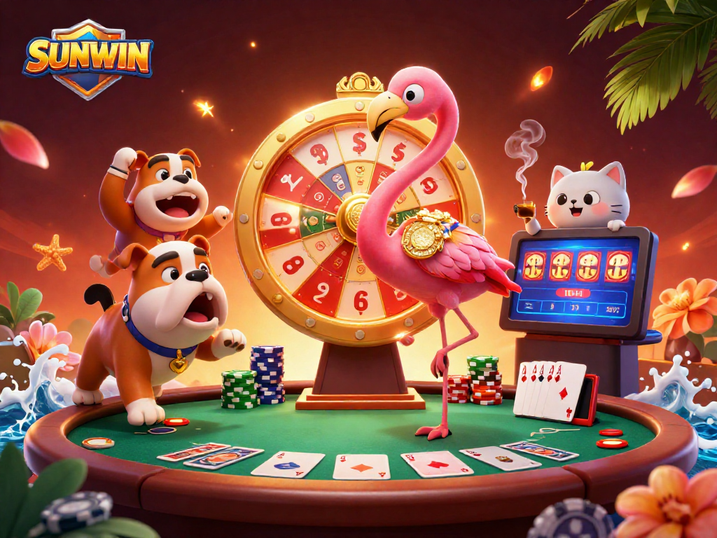 SUNWIN spins the prize wheel with excitement at the vibrant casino scene showcasing lively characters.
