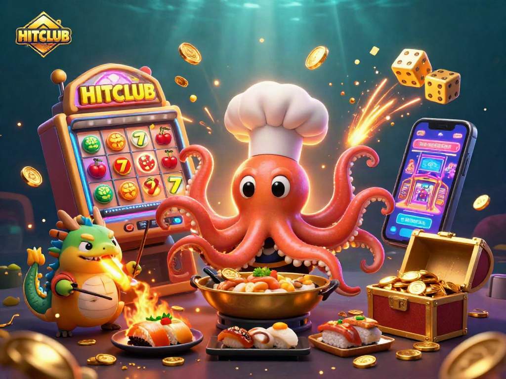 Join HITCLUB with this vibrant illustration featuring a sushi chef octopus and a dragon enjoying big wins.